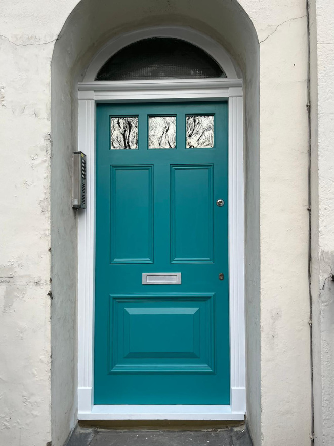 Panelled door with clear glass window panes, Camden